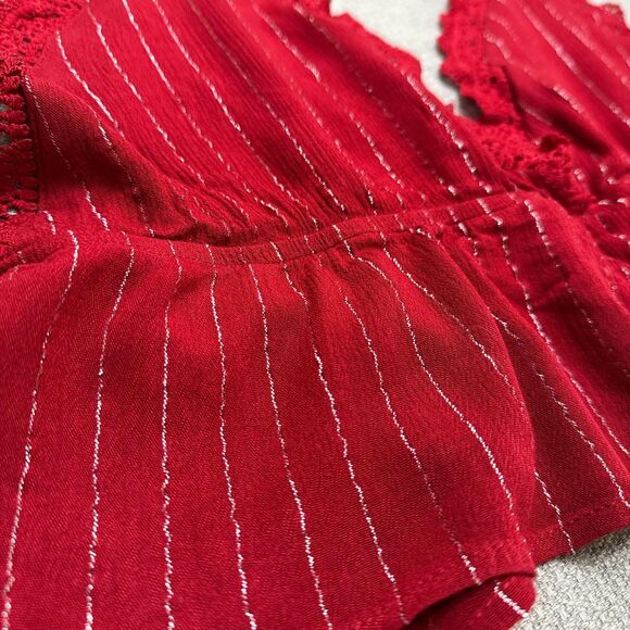 Boho Red Crochet Lace Trim Striped Halter Top Crop Tie Neck Party Wear Sz XL - Picture 3 of 5